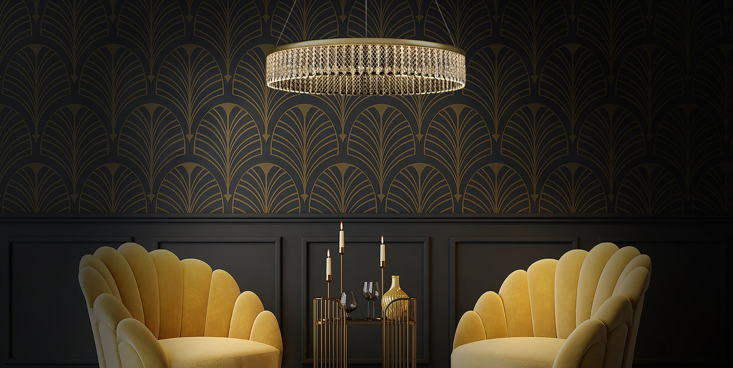 Victoria Single Tier 32W LED Pendant light Chandelier in a Seating Area