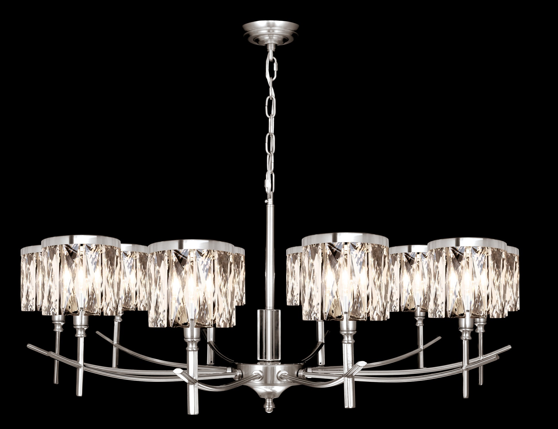 Opulence 10 Light K9 Crystal Cut Arm Chandelier In Satin Nickel Finish