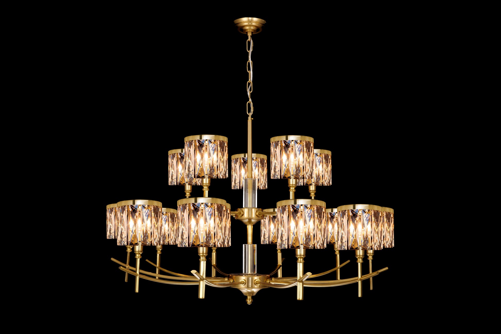 Opulence 15 Light Arm 2 Tier Chandelier With Satin Gold Finish